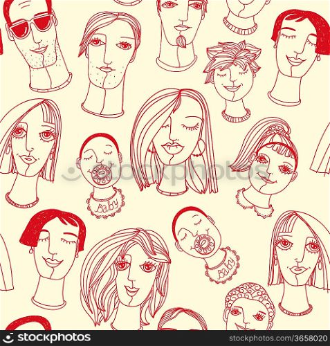 vector seamless pattern with hand drawn portraits of adults and kids