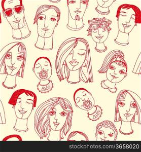 vector seamless pattern with hand drawn portraits of adults and kids