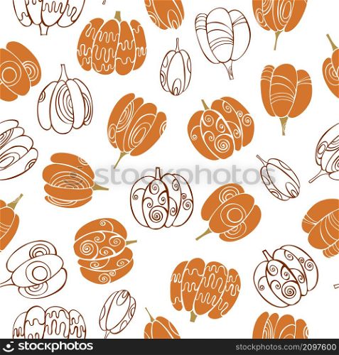 Vector seamless pattern with hand drawn pumpkins on white background. Pumpkins. Vector pattern.