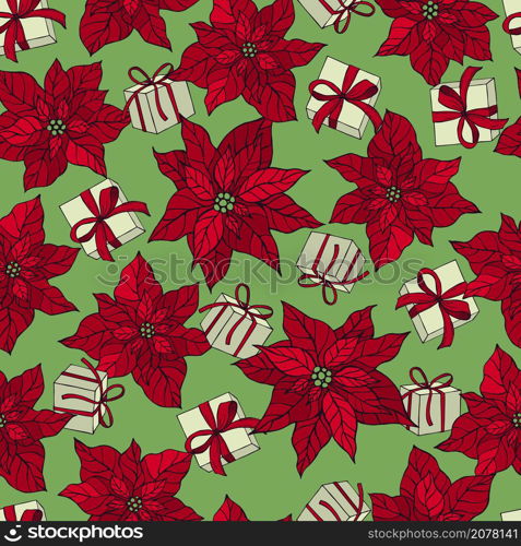 Vector seamless pattern with hand drawn red poinsettias and Christmas gifts. . Vector pattern with red Christmas flowers.