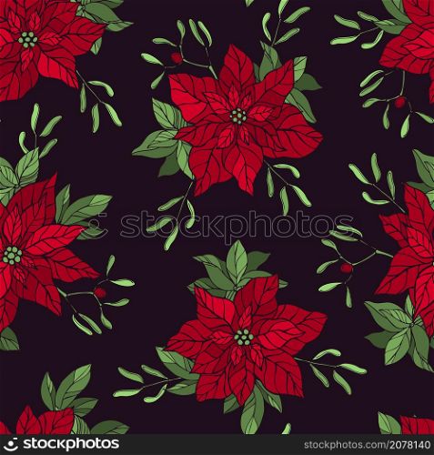 Vector seamless pattern with hand drawn red poinsettias and Christmas plants. . Vector pattern with red Christmas flowers.