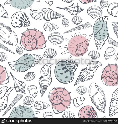 Vector seamless pattern with hand drawn seashells.. Vector pattern with seashells.