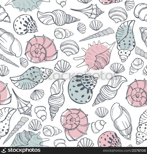  Vector  seamless pattern with hand drawn seashells..  Vector  pattern with  seashells.
