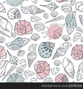 Vector seamless pattern with hand drawn seashells.. Vector pattern with seashells.
