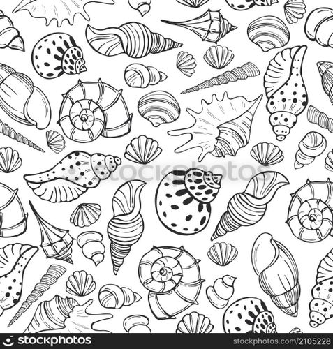  Vector  seamless pattern with hand drawn seashells..  Vector  pattern with  seashells.