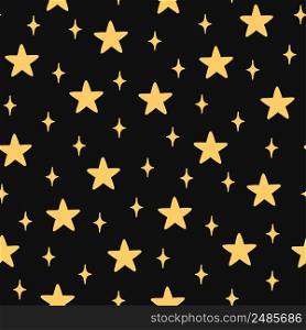 Vector seamless pattern with hand-drawn stars on black background. Night sky art texture. Modern illustration print. Simple doodle for any surface design.