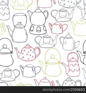 Vector seamless pattern with hand drawn teapots.. Teapots. Vector seamless pattern