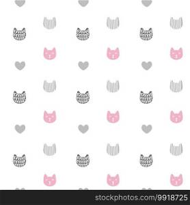 Vector seamless pattern with hand drawn textured cats in graphic doodle style. Grey and pink colored cute kitten faces. Valentines day.. Vector seamless pattern with hand drawn textured cats in graphic doodle style. Grey and pink colored cute kitten faces. Valentines day