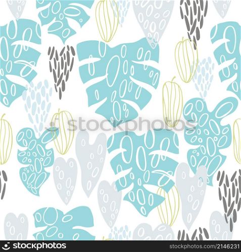 Vector seamless pattern with hand drawn tropical plants. Monstera plant.
