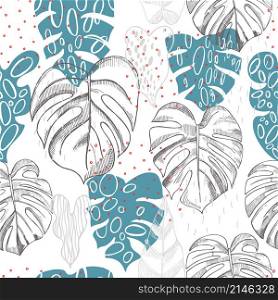 Vector seamless pattern with hand drawn tropical plants. Monstera plant.