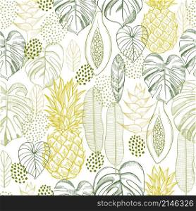 Vector seamless pattern with hand drawn tropical plants. Monstera plant and tropical fruits .. Vector seamless pattern with hand drawn tropical plants. Monstera plant.