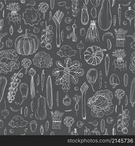 Vector seamless pattern with hand drawn vegetables on grey background. . hand drawn vegetables on dark background