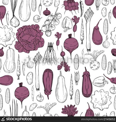 Vector seamless pattern with hand drawn vegetables on white background. . hand drawn vegetables on white background