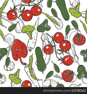 Vector seamless pattern with hand drawn vegetables. Sketch illustration.. Vegetables on white background. Vector pattern