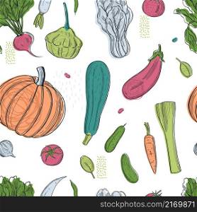 Vector seamless pattern with hand drawn vegetables . Vector pattern with vegetables