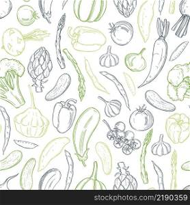 Vector seamless pattern with hand drawn vegetables . Vegetables on white background. Vector pattern