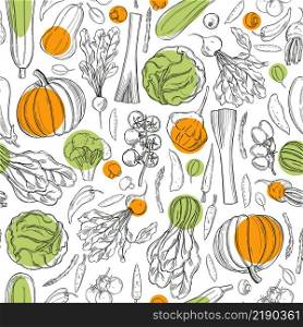 Vector seamless pattern with hand drawn vegetables . Vegetables on white background. Vector pattern