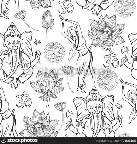 Vector seamless pattern with hand drawn yoga girl, lotus flowers and Ganesha. Hand drawn Ganesha, girl and lotuses.