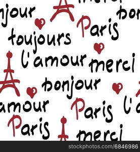 vector seamless pattern with handwritten french words. brush calligraphy. Paris, toujours l&rsquo;amour, merci, bonjour words.