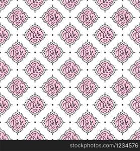Vector seamless pattern with handwritten love phrases in doodle frames. Hand-drawn calligraphy quotes for St. Valentine&rsquo;s day.