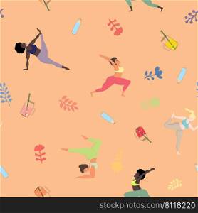 Vector seamless pattern with happy international oversized women in yoga positions. Sports and health body positive concept for postcard, fabric, textile, t-shirt active lifestyle