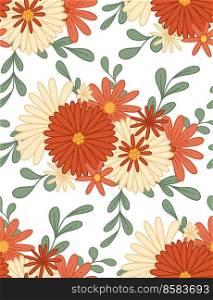 Vector seamless pattern with hippie bunch of flowers. Retro texture with bouquet groovy flowers with stems in row on white background. Floral backdrop for fabrics and wallpapers.. Vector seamless pattern with hippie bunch of flowers. Retro texture with bouquet groovy flowers with stems in row on white background.
