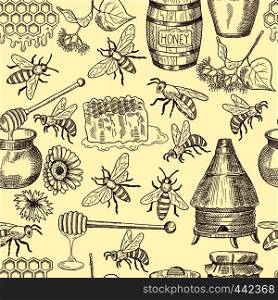 Vector seamless pattern with honey, bees and honeycomb, Illustration of background with honey and bee insect. Vector seamless pattern with honey, bees and honeycomb