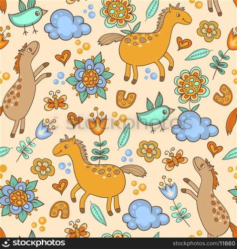 Vector seamless pattern with horses and birds