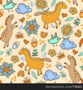 Vector seamless pattern with horses and birds