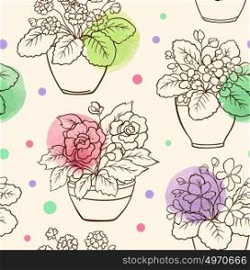 Vector seamless pattern with houseplants in flowerpot and watercolor blots