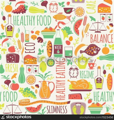 Vector seamless pattern with illustration of healthy food. Elemets for design. Vector seamless pattern with illustration of healthy food.