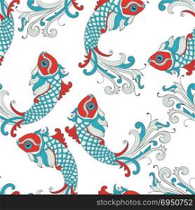 Vector Seamless Pattern with karp fishes. Retro vintage style.