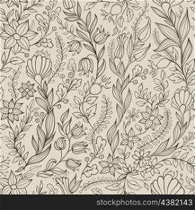 Vector seamless pattern with leaves and flowers