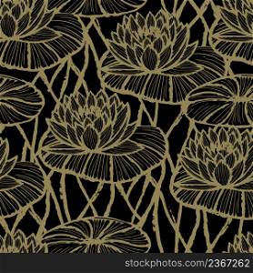 Vector seamless pattern with leaves and flowers of a water lily on a pond Retro design in two colors