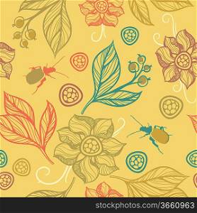 vector seamless pattern with leaves,flowers and bugs