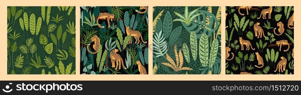 Vector seamless pattern with leopards and tropical leaves. Trendy style.. Vector seamless pattern with leopards and tropical leaves.
