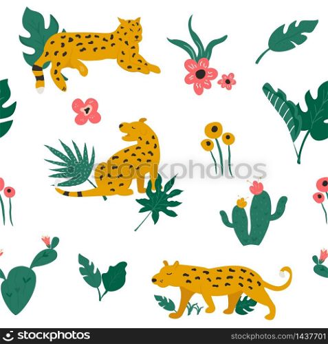 Vector seamless pattern with leopards, tropical leaves, cacti. flowers.. Seamless pattern with leopards and tropical leaves