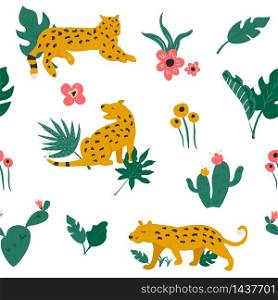 Vector seamless pattern with leopards, tropical leaves, cacti. flowers.. Seamless pattern with leopards and tropical leaves