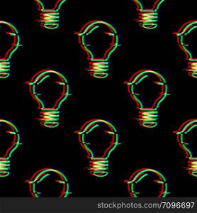 Vector seamless pattern with Light Bulb line symbol in glitch style. Electric lamp. Icon of idea isolated on black background. Solution thinking concept. Modern digital pixel distorted design. Error. Vector seamless pattern with Light Bulb line symbol in glitch style. Electric lamp. Icon of idea isolated on black background. Solution thinking concept. Modern digital pixel distorted design.