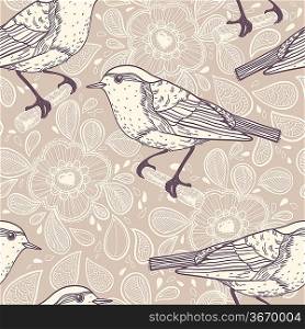 vector seamless pattern with little birds on a beige floral background