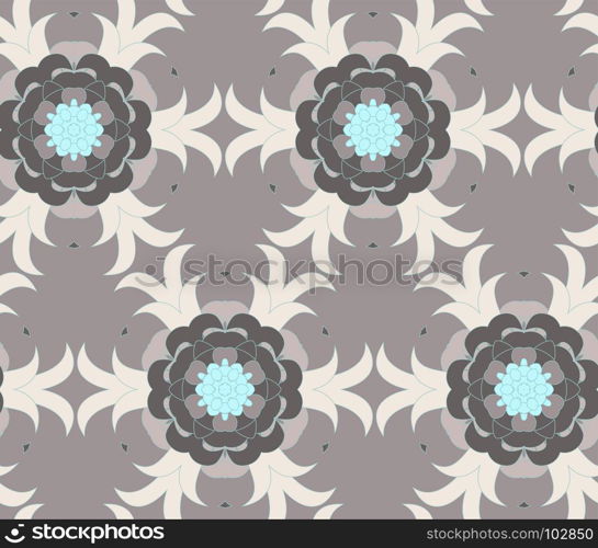 Vector seamless pattern with mandala shape. Vintage colored floral decorative repainting background with boho chic style and ethnic motifs. Abstract geometric flower with round symmetry.