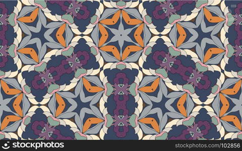 Vector seamless pattern with mandala shape. Vintage colored floral decorative repainting background with boho chic style and ethnic motifs. Abstract geometric flower with round symmetry.