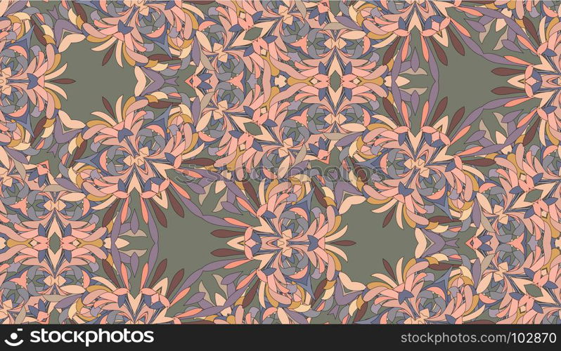 Vector seamless pattern with mandala shape. Vintage colored floral decorative repainting background with boho chic style and ethnic motifs. Abstract geometric flower with round symmetry.