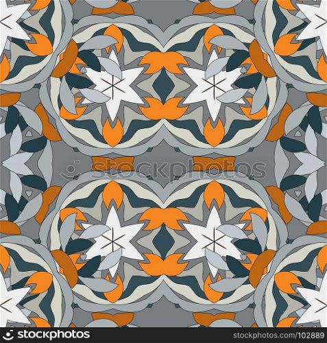 Vector seamless pattern with mandala shape. Vintage colored floral decorative repainting background with boho chic style and ethnic motifs. Abstract geometric flower with round symmetry.