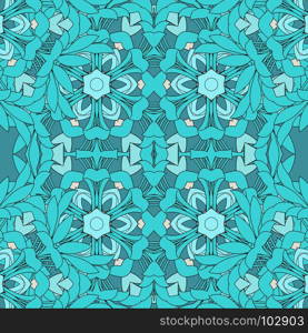 Vector seamless pattern with mandala shape. Vintage colored floral decorative repainting background with boho chic style and ethnic motifs. Abstract geometric flower with round symmetry.