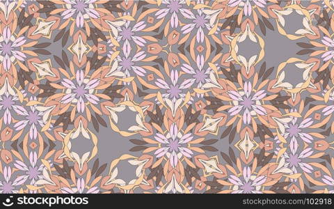 Vector seamless pattern with mandala shape. Vintage colored floral decorative repainting background with boho chic style and ethnic motifs. Abstract geometric flower with round symmetry.