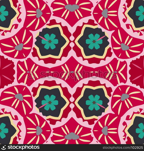 Vector seamless pattern with mandala shape. Vintage colored floral decorative repainting background with boho chic style and ethnic motifs. Abstract geometric flower with round symmetry.