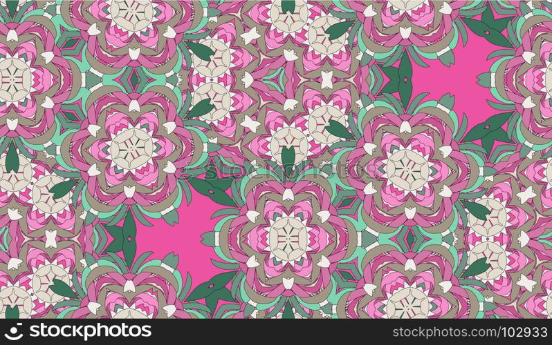 Vector seamless pattern with mandala shape. Vintage colored floral decorative repainting background with boho chic style and ethnic motifs. Abstract geometric flower with round symmetry.