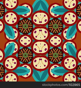 Vector seamless pattern with mandala shape. Vintage colored floral decorative repainting background with boho chic style and ethnic motifs. Abstract geometric flower with round symmetry.