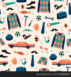 Vector seamless pattern with mans things. Happy Fathers Day concept. Design template.. Vector seamless pattern with mans things. Happy Fathers Day concept.